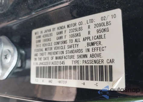 2010 Acura Tsx 2.4 из США, поврежденный, VIN JH4CU2E61AC021545